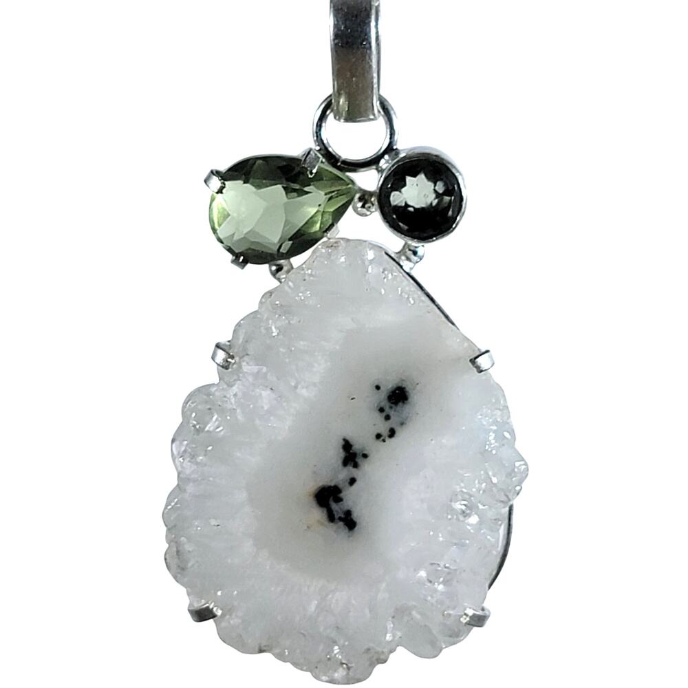Handmade Silver Pendant – White Druzy & Green Quartz + 20" Silver Snake Chain